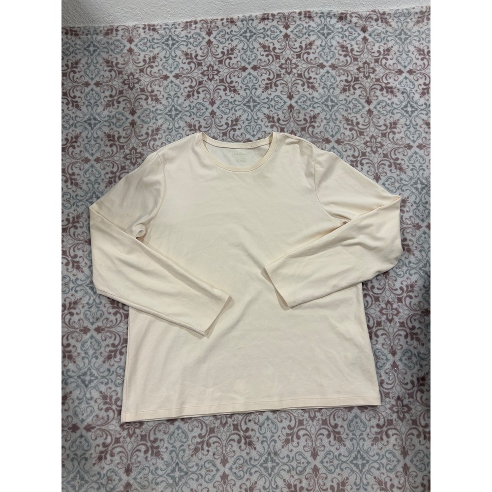 LL Bean Womens XL Cream Long Sleeve Crewneck 100% Cotton T-Shirt 188455